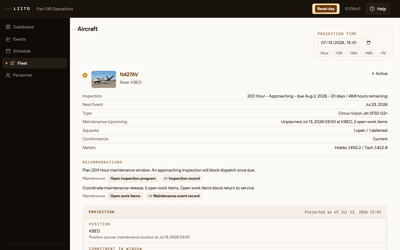 Liito fleet view: aircraft cards with projection time chips, inspection countdowns in days and hours, meters, squawks, conformance state, and recommendations