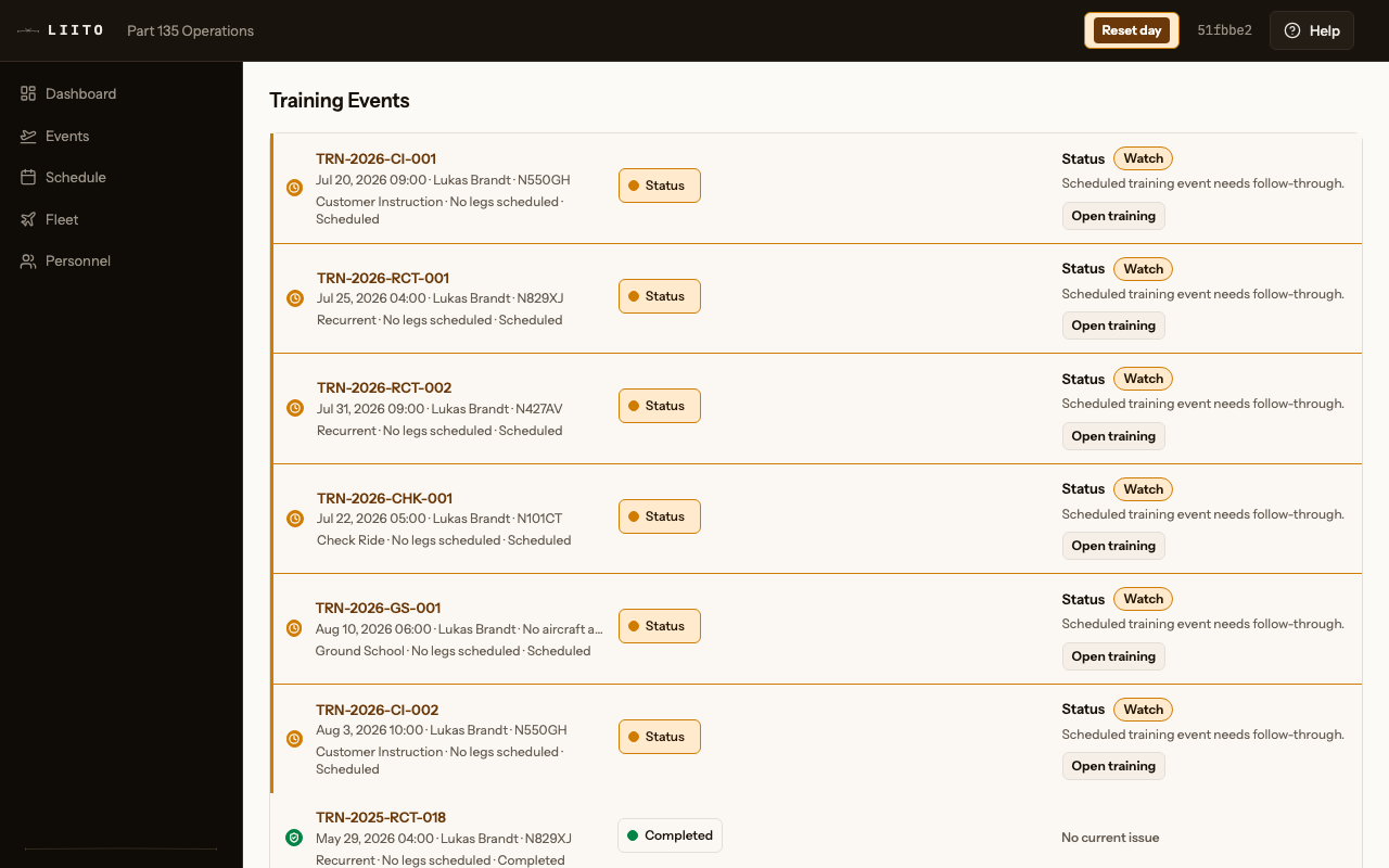 Liito training events board: customer instruction, recurrent training, check rides, and ground school as first-class scheduled events